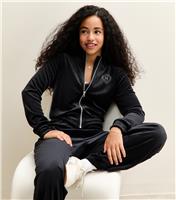Girls' Black Velour Diamante Embellished New York Zip Up Top New Look