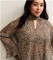 Women's Plus Size Brown Animal Print High Keyhole Neck Blouse Curves New Look