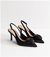 Women's Black Faux Suede Rose Slingback Court Shoes Vegan New Look