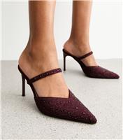 Women's Burgundy Embellished Slip On Pointed Toe Court Shoes Vegan New Look