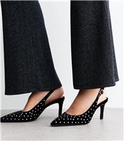 Women's Black Velvet Diamant Slingback Court Shoes Vegan New Look