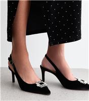 Women's Black Velvet Slingback Diamante Court Shoes Vegan New Look