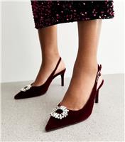 Women's Burgundy Velvet Slingback Diamante Court Shoes Vegan New Look