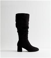Women's Wide Fit Black Faux Suede Ruched Boots Vegan New Look
