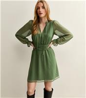 Women's Green Spot Print Chiffon Mini Dress New Look