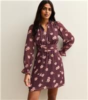 Women's Purple Floral Print Chiffon Long Sleeve Mini Dress New Look