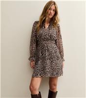 Women's Brown Leopard Print Tie Neck Mini Dress New Look
