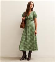 Women's Green Spot Print Short Sleeve Midi Tea Dress New Look