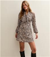 Women's Brown Leopard Print Satin Pussybow Neck Mini Dress New Look