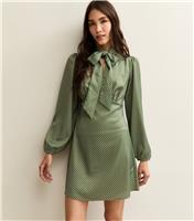 Women's Green Polka Dot Pussybow Neck Satin Mini Dress New Look