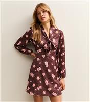 Women's Burgundy Floral Neck Tie Mini Dress New Look