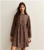 Women's Brown Animal Print Long Sleeve Smock Mini Dress New Look