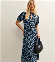 Women's Blue Crepe Floral Print Keyhole Midi Dress New Look