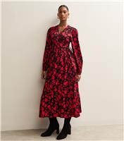 Women's Red Floral Long Sleeve Wrap Midi Dress New Look