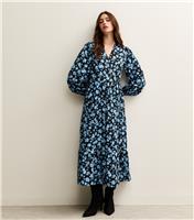 Women's Black Floral Print Long Sleeve Wrap Midi Dress New Look
