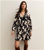 Women's Black Smudge Print Frill Neck Mini Dress New Look