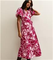 Women's Red Crepe Flower Print Wrap Midi Dress New Look