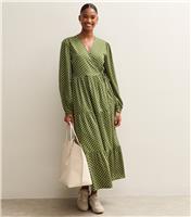 Women's Green Polk Dot Long Sleeve Wrap Midi Dress New Look