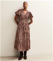 Women's Brown Zebra Print Wrap Midi Dress New Look