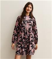 Women's Black Paisley Long Sleeve Smock Mini Dress New Look