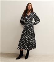 Women's Black Crepe Polka Dot Long Sleeve Wrap Midi Dress New Look
