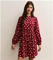 Women's Red Polka Dot Long Sleeve Smock Mini Dress New Look