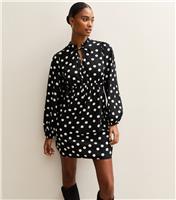 Women's Black Crepe Spot Print Tie Neck Mini Dress New Look