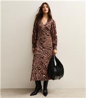 Women's Brown Zebra Print Long Sleeve Midi Dress New Look