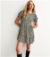 Women's Brown Animal Print Crinkle Texture Smock Tiered Mini Dress New Look