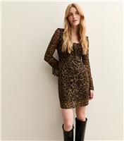 Women's Brown Leopard Print Mesh Scoop Neck Tie Detail Mini Dress New Look