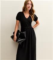 Women's Black Crinkled Texture Shirred Waist Midi Dress New Look