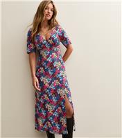 Women's Blue Floral Print Slit Hem Midi Dress New Look