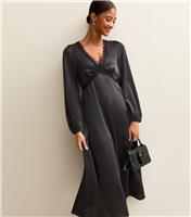 Women's Black Satin Lace Trim Midi Dress New Look