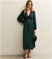 Women's Dark Green Satin Lace Trim Midi Dress New Look