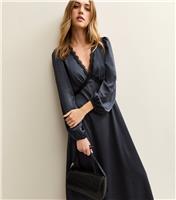 Women's Navy Satin Lace Trim Midi Dress New Look
