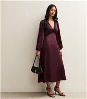 Women's Dark Purple Satin Lace Trim Midi Dress New Look