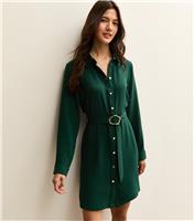 Women's Dark Green Belted Button Through Mini Shirt Dress New Look