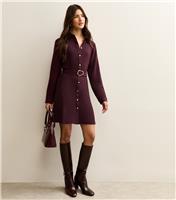Women's Burgundy Belted Button Through Mini Shirt Dress New Look