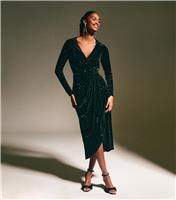 Women's Black Velvet Diamante Embellished Wrap Midi Dress New Look