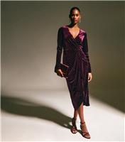 Women's Dark Burgundy Velvet Diamante Embellished Wrap Midi Dress New Look