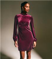 Women's Dark Burgundy Velvet High Neck Long Sleeve Mini Dress New Look