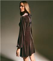 Women's Dark Brown Velvet Long Sleeve Mini Dress New Look