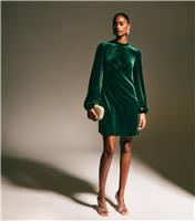 Women's Dark Green Velvet High Neck Long Sleeve Mini Dress New Look