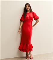 Women's Bright Red Feather Jacquard Satin Midi Dress New Look