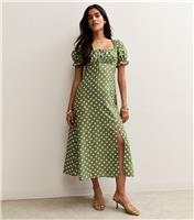 Women's Green Polka Dot Milkmaid Midi Dress New Look