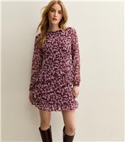 Women's Red Floral Print Chiffon Frilly Trimmed Mini Dress New Look