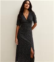 Women's Black Polka Dot Slit Hem V-Neck Midi Dress New Look