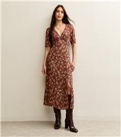 Women's Brown Floral Print Slit Hem Midi Dress New Look