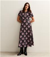 Women's Black Floral Print Flutter Sleeve Tie Neck Midi Dress New Look