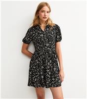 Women's Black Floral Print Crinkle Texture Mini Shirt Dress New Look